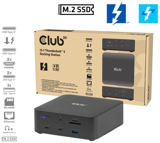 Club 3D Notebook Dokkoló - CSV-2562 (180W,Thunderbolt 5 to 2xHDMI, 2xUSB-C, 10Gbps, 2xUSB-A 5Gbps, 1x 10Gbps, 2.5G, M.2)