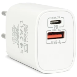 Delight Telefon töltő - 1db Type-C + 1db USB PD20W gyorstöltéssel, Fehér