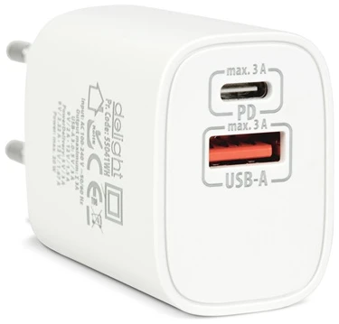 Delight Telefon töltő - 1db Type-C + 1db USB PD20W gyorstöltéssel, Fehér 1 Delight Telefon töltő - 1db Type-C + 1db USB PD20W gyorstöltéssel, Fehér