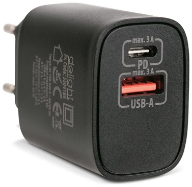 Delight Telefon töltő - 1db Type-C + 1db USB PD20W gyorstöltéssel, Fekete 1 Delight Telefon töltő - 1db Type-C + 1db USB PD20W gyorstöltéssel, Fekete