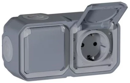 Legrand Plexo 55 falon kívüli 2x2P+F elővezetékezett vízszintes csatlakozóaljzat csapófedéllel, összeszerelt, szürke
