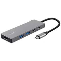 Trust Kábel Átalakító - Dalyx 5in1 Multiport USB-C (szürke, aluminium, USB-C apa / HDMI+Type-C+USB3.2 anya)