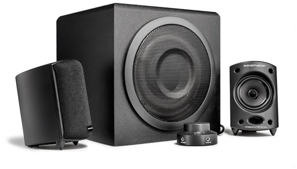 WaveMaster Hangszóró 2.1 - MOODY (65W RMS, Fa mélynyomó, 3,5mm jack, RCA, Fekete)