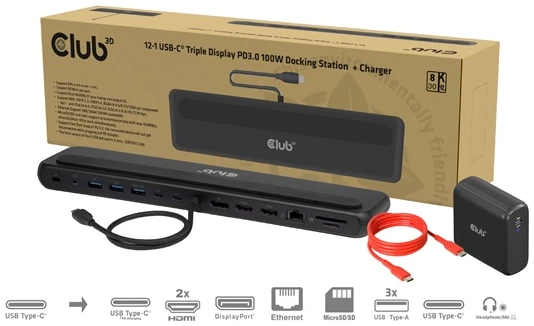 Club 3D Notebook Dokkoló - CSV-2541 (USB-C to 4xUSB-C, 2xUSB-A, 2xHDMI, 2xDP, RJ45, SD/MicroSD, 100W PD, 4K60hz)