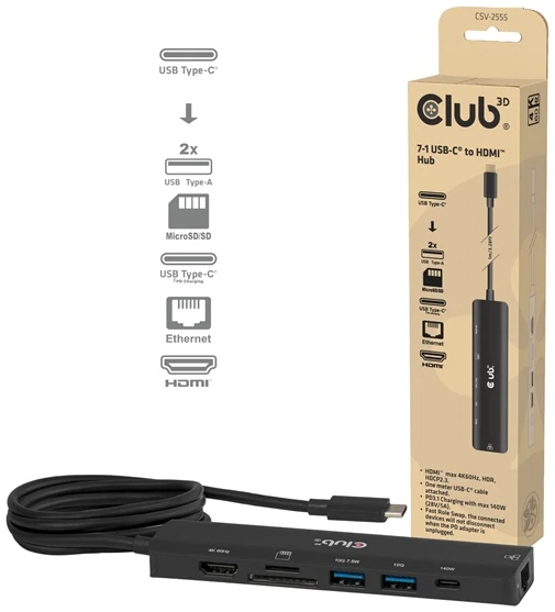Club 3D Notebook Dokkoló - CSV-2555 (140W, USB-C to 4K60Hz HDMI, USB-C, RJ-45, 2x USB-A, MicroSD, SD)