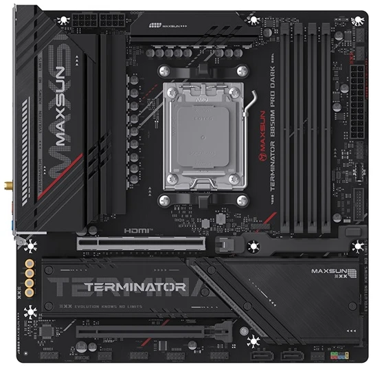 Maxsun Alaplap - AMD MS-TERMINATOR B850M PRO DARK WIFI AM5 (B850, mATX, 4xDDR5 8000MHz, 2xSATA3, 3xM.2, HDMI, DP)