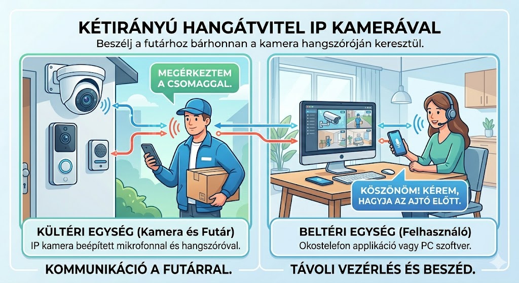 Kétirányú hangátvitel: Beszélj a futárhoz a kamerán keresztül 3 Kétirányú hangátvitel: Beszélj a futárhoz a kamerán keresztül IP kamera, NVR rögzítő és komplett szettek raktárról