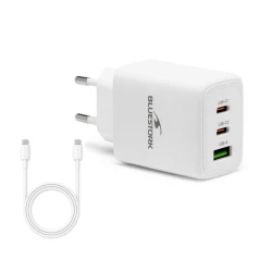 Bluestork Hálózati töltő - PW-65-CCA (2xUSB-C, USB-A, 65W, 2m kábel, fehér)