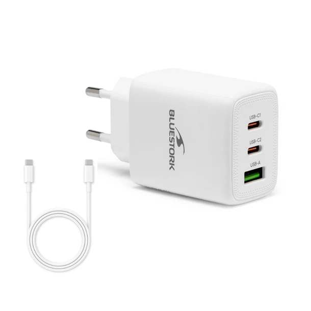 Bluestork Hálózati töltő - PW-65-CCA (2xUSB-C, USB-A, 65W, 2m kábel, fehér)