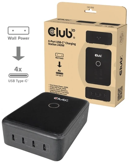 Club 3D Hálózati Adapter - CAC-1933 (240W GaN, 4x USB-C, PD3.1, PPS + LED kijelző)
