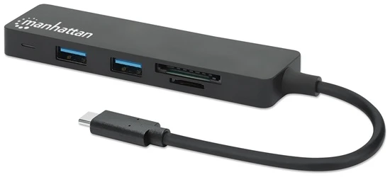 Manhattan USB HUB - 3db USB 3.0 Type-C + kártyaolvasó, SD/MicroSD, 5 Gbps, Fekete