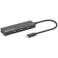 Manhattan USB HUB - 4db USB 3.0 Type-C Hub, USB-C Male to 4db USB-A Females, Fekete