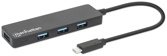 Manhattan USB HUB - 4db USB 3.0 Type-C Hub, USB-C Male to 4db USB-A Females, Fekete