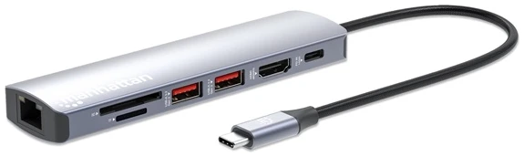 Manhattan USB HUB - USB-C PD 7-in-1 Type-C HDMI,  2db USB-A Ports, USB-C Power PD(100W), Gigabit RJ45 Port ésSD/microSD