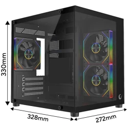 Rampage Számítógépház - LUMID (fekete; ablakos; BTF, mATX, Type-C, USB 3.0, alsó táp, 3x120mm A-RGB)
