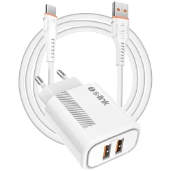 S-Link Hálózati töltő - SL-EC50 (2xUSB, 5V/2.4A, 12W, Gyorstöltés, Micro-USB 100cm adat+töltőkábel, fehér)