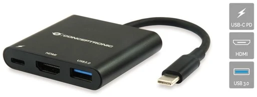 Conceptronic Notebook Dokkoló - DONN01B (USB-C to HDMI+USB-C PD:60W+USB-A 3.0, fekete)