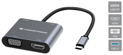 Conceptronic Notebook Dokkoló - DONN16G (USB-C to HDMI+VGA+USB-A PD:100W, ezüst)