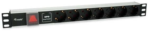 Equip Hálózati Elosztó - 333309 (Schuko, 7 Schuko, Rack 1U, túlfeszültség védelett, 1,8m kábel, aluminium, fekete)