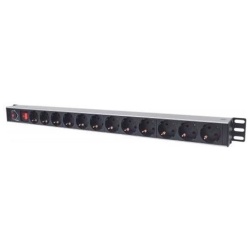 Manhattan elosztó - Vertikális Rackmount elosztó, 12 aljzat, 1.6m, túláram elleni védelem, ki-be kapcsológomb