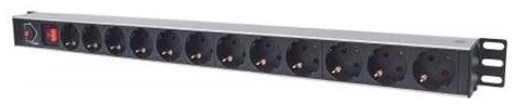 Manhattan elosztó - Vertikális Rackmount elosztó, 12 aljzat, 1.6m, túláram elleni védelem, ki-be kapcsológomb