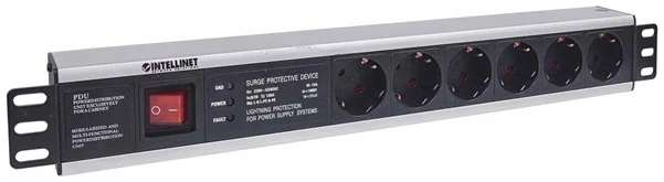 Manhattan elosztó - 19" 1.5U Rackmount elosztó, 6 aljzat, LED fény, 3m,  ki-be kapcsológomb