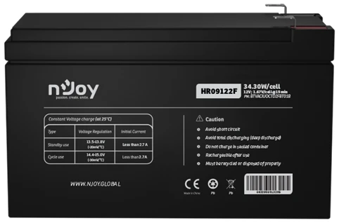 NJOY Szünetmentes akkumulátor - HR09122F (12V/9Ah, High Rate Discharge,  Long-life, T2/F2, zárt, gondozás mentes, AGM)