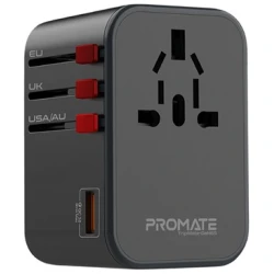 Promate Univerzális adapter - TRIPMATE GAN65 (1xUSB-A, 2xUSB-C, 65W PD, QC3.0, US/UK/EU dugó, fekete)