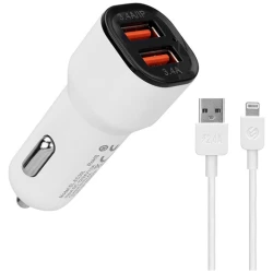 S-Link Autós töltő - SL-EC30L (2db USB, 5V/2.4A/3,4A, 17W, Lightning, 100cm adat+töltőkábel, fehér)