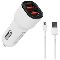 S-Link Autós töltő - SL-EC30M (2db USB, 5V/2.4A/3,4A, 17W, Micro usb, 100cm adat+töltőkábel, fehér)