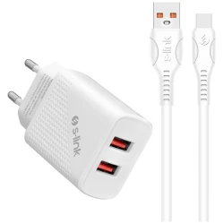S-Link Hálózati töltő - SL-EC50T (2db USB, 5V/2.4A, 12W, Gyorstöltés, USB Type-C, 100cm adat+töltőkábel, fehér)