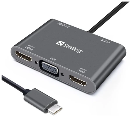 Sandberg Notebook Dokkoló - USB-C Dock (USB-C bemenet; 2xHDMI+USB-A3.0+1xVGA kimenet)