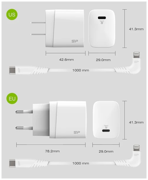 Silicon Power Telefon töltő - QM10 Type-C töltő + LK20CL Type-C -Lightning Kábel (18W töltő, 1m kábel, EU verzió)