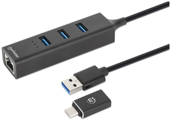 Manhattan USB HUB - 3db USB 3.0 Type-C/A + Gigabit Ethernet Adapter, 5 Gbps SuperSpeed USB (USB 3.2 Gen 1), Fekete